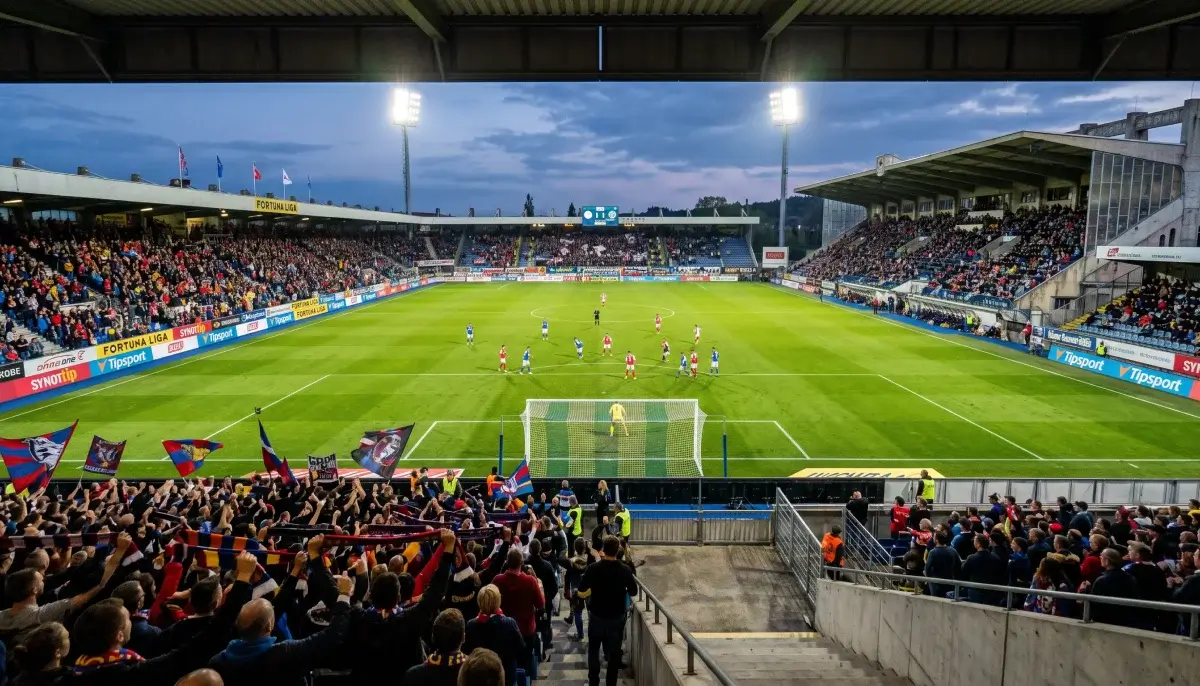 Český fotbalový stadion s atmosférou ligového zápasu Fortuna ligy