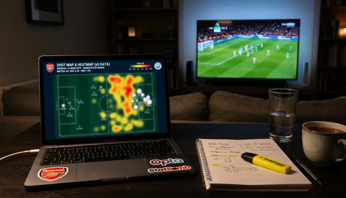 Analýza xG statistik fotbalového zápasu na monitoru s hřištěm v pozadí